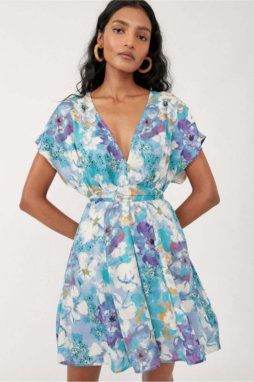 Free People Blue Floral Fairy Mini Dress Boho Cottagecore  V Tie Waist Tunic S